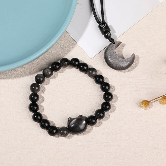 「Fortune's Feline」Obsidian Cat Bracelet & Moon Necklace Jewelry Set - Ultimate Cat Lover Gift