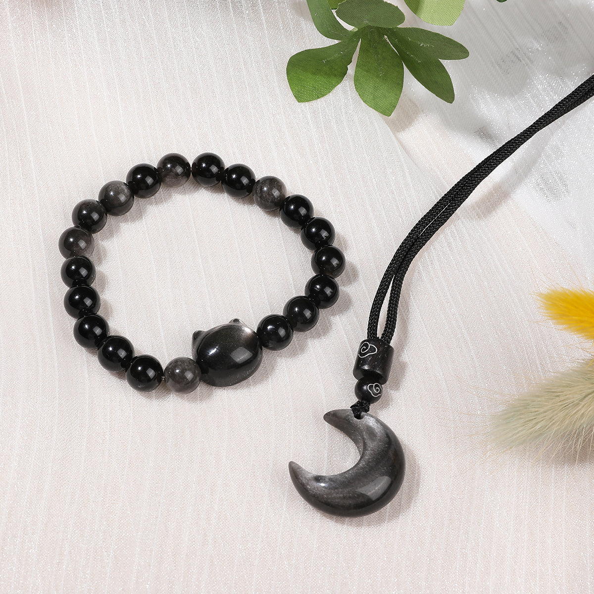 「Fortune's Feline」Obsidian Cat Bracelet & Moon Necklace Jewelry Set - Ultimate Cat Lover Gift