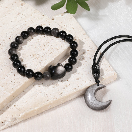 「Fortune's Feline」Obsidian Cat Bracelet & Moon Necklace Jewelry Set - Ultimate Cat Lover Gift