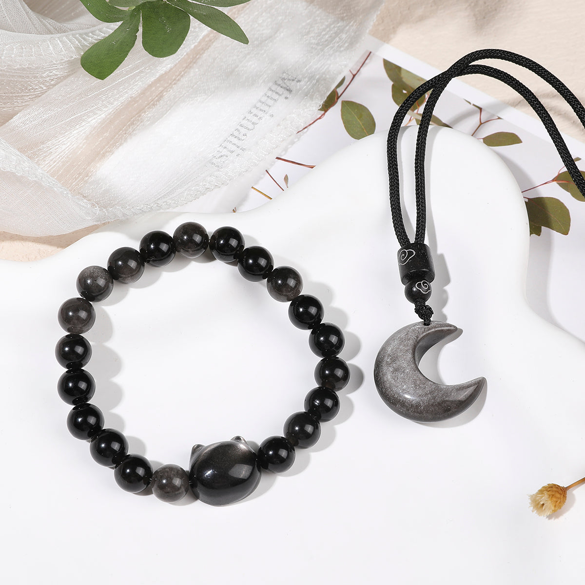 「Fortune's Feline」Obsidian Cat Bracelet & Moon Necklace Jewelry Set - Ultimate Cat Lover Gift